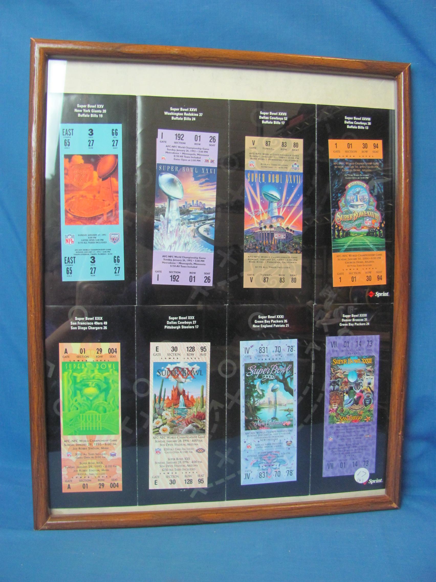 Framed Collection of late 1990s Phone Cards Replicating Super Bowl Tickets