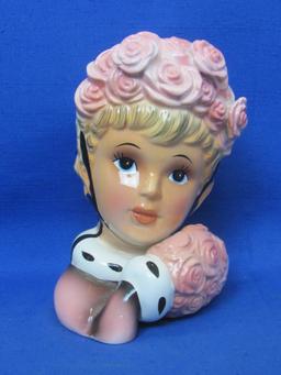 Vintage Enesco Lady Head Wall Pocket – Pink Rose Muff & Hat – 6” tall