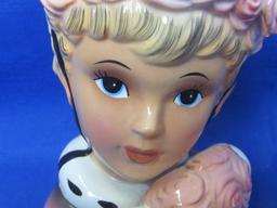 Vintage Enesco Lady Head Wall Pocket – Pink Rose Muff & Hat – 6” tall