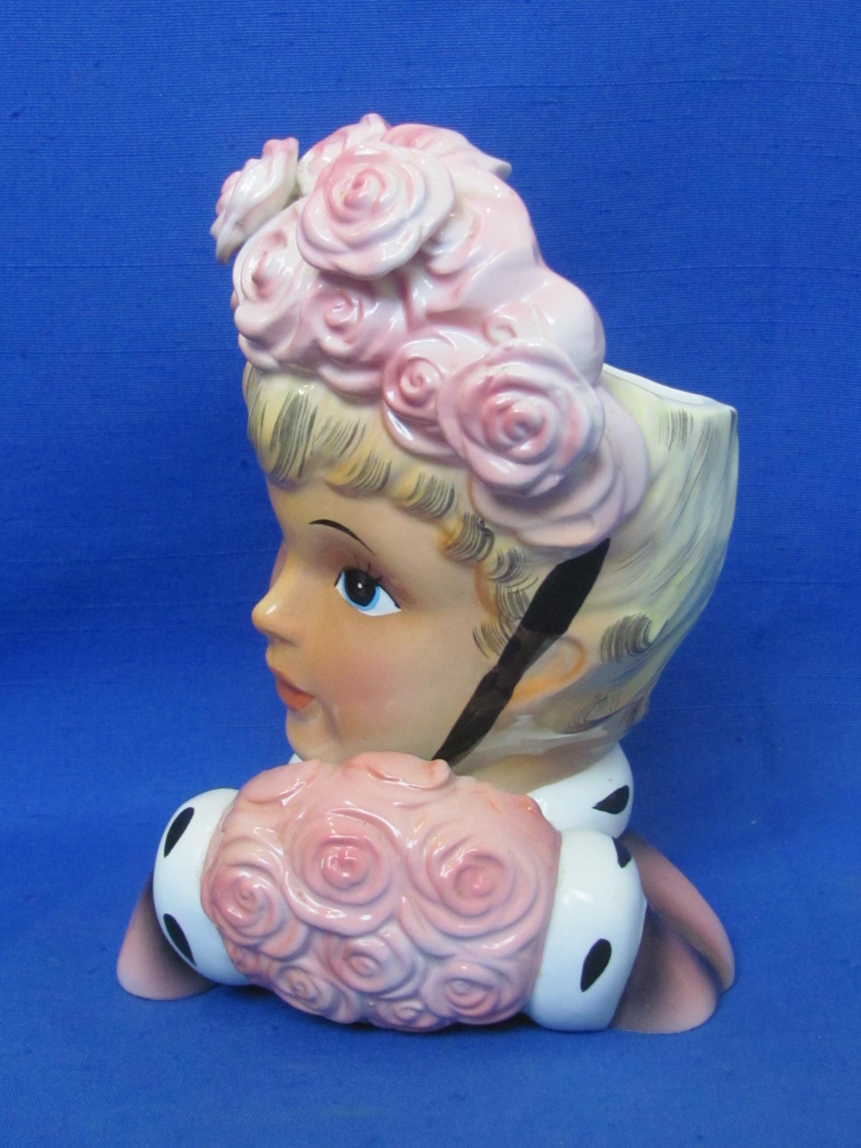Vintage Enesco Lady Head Wall Pocket – Pink Rose Muff & Hat – 6” tall