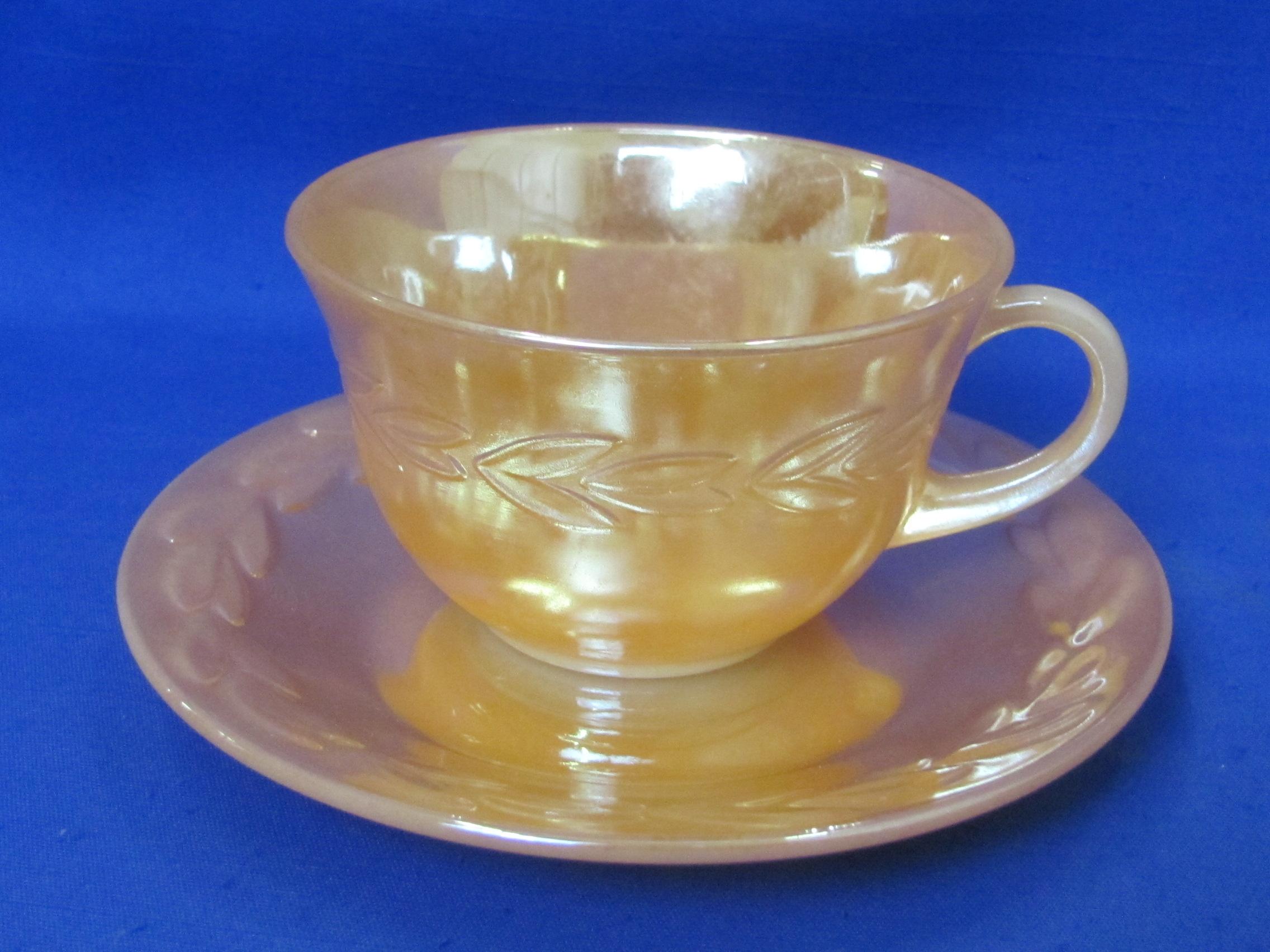 4 Cup & Saucer Sets – Fire-King Laurel in Peach Lustre – Cups are 2 1/4” tall