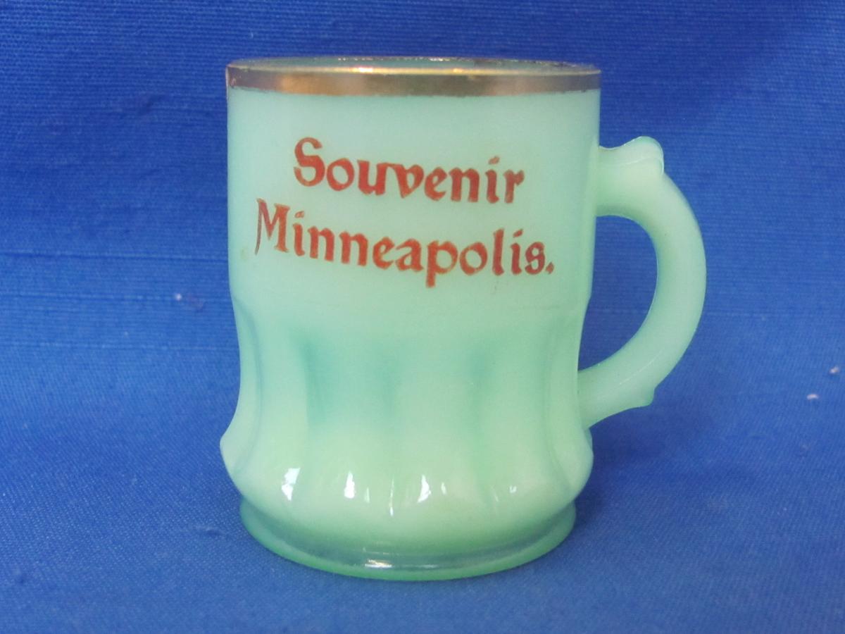 Mini Souvenir of Minneapolis Mug – Jadite Glass – 2” tall – Gold Trim