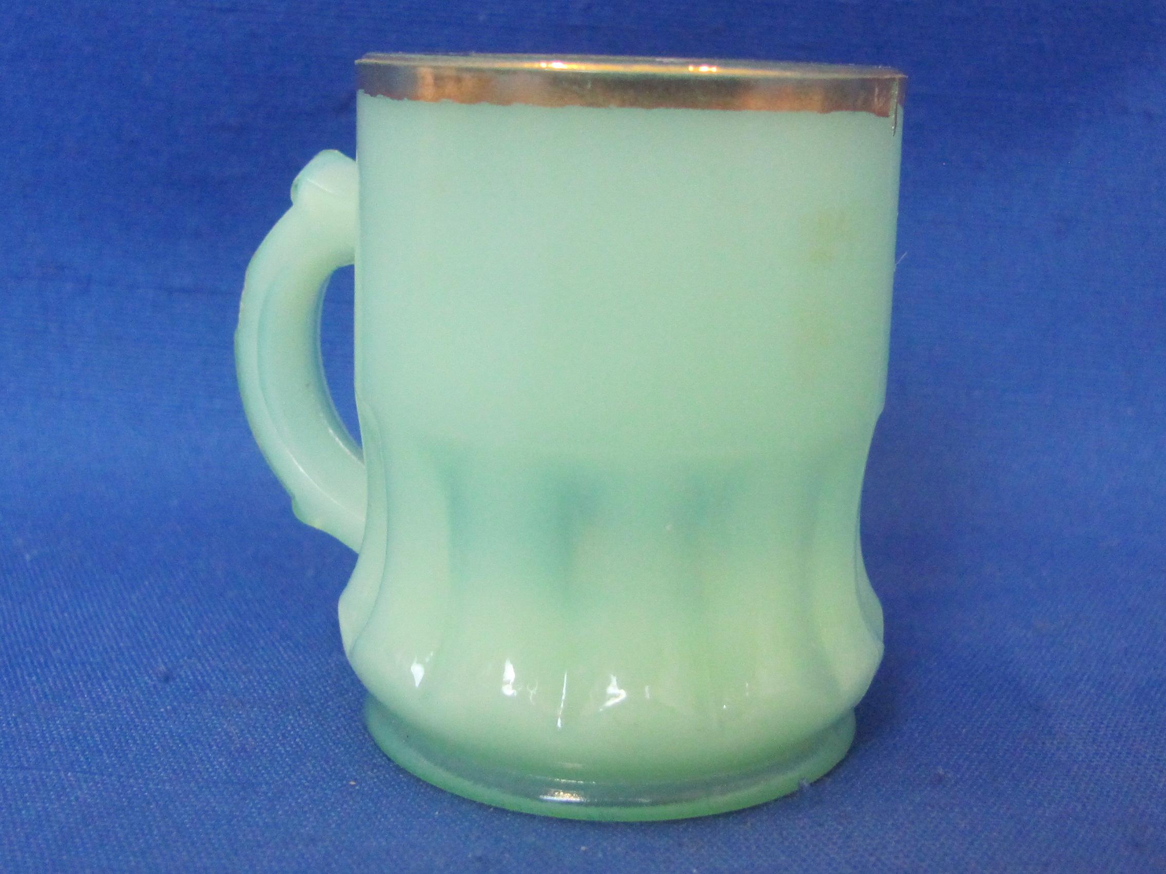 Mini Souvenir of Minneapolis Mug – Jadite Glass – 2” tall – Gold Trim