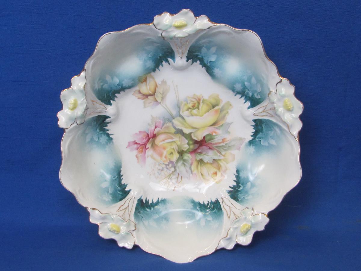 Unmarked RS Prussia Bowl – Embossed Floral – Pink & Yellow Roses – 10 1/2” in diameter