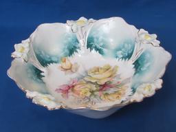 Unmarked RS Prussia Bowl – Embossed Floral – Pink & Yellow Roses – 10 1/2” in diameter