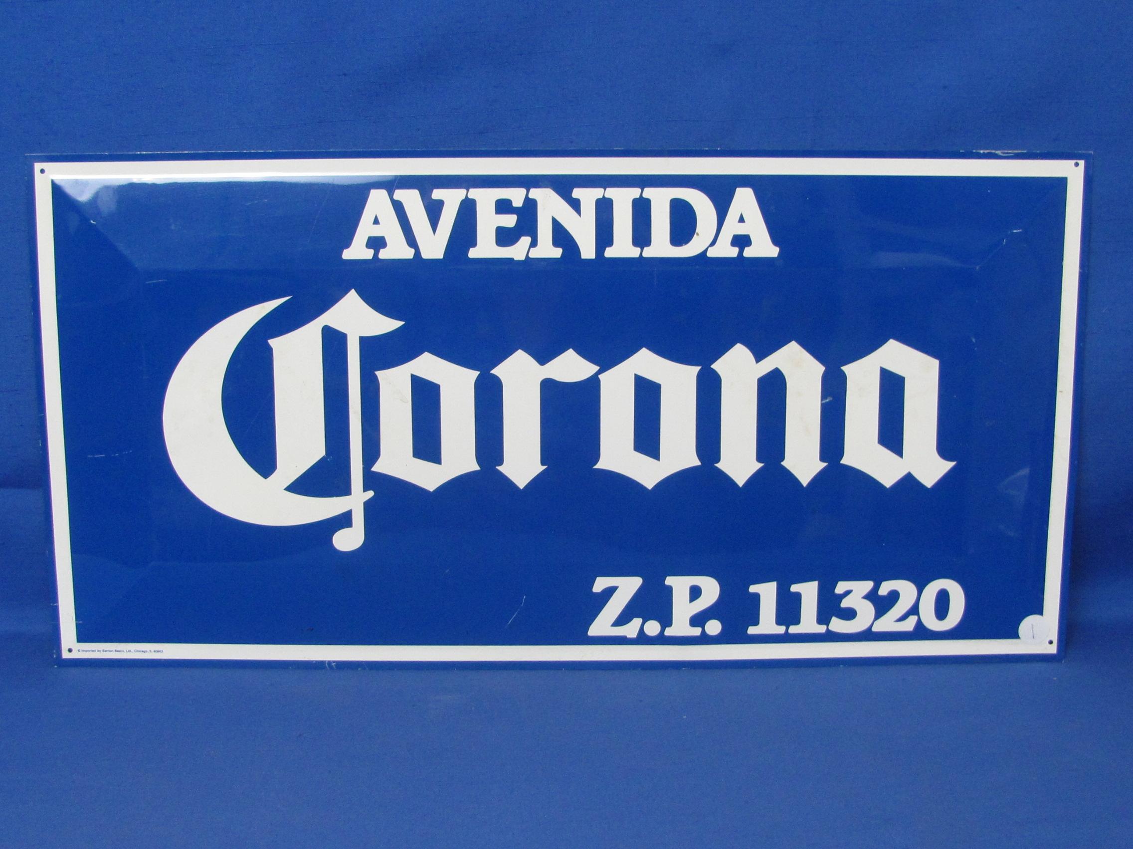 Tin Metal Beer Sign “Avenida Corona” - Blue & White – 24” x 12” - Slightly beveled