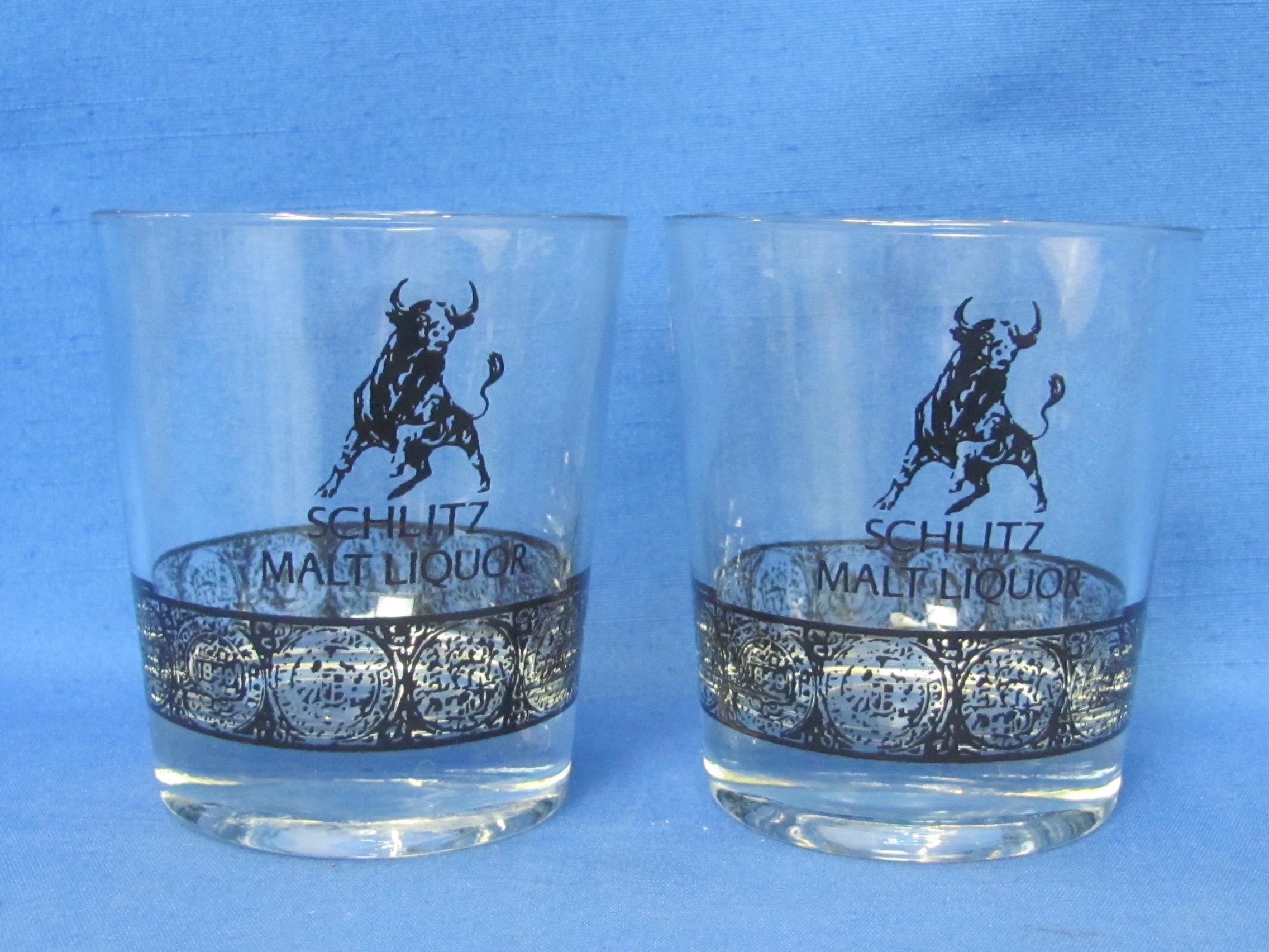 Pair of “Schlitz Malt Liquor” Glass Tumblers – 3 1/2” tall – Paint nice & bright