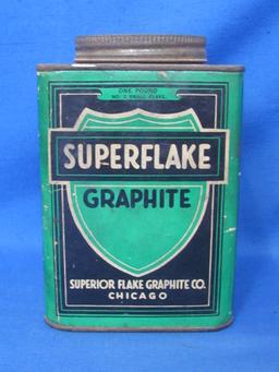 Vintage Tin w Paper Label “Superflake Graphite” - Green & Black – 5” tall