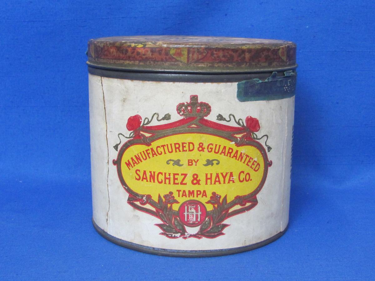 Round Cigar Tin with Paper Label “Sanchez & Haya Co. Tampa, Fla.”  4 3/4” tall – 5 1/4” in diameter