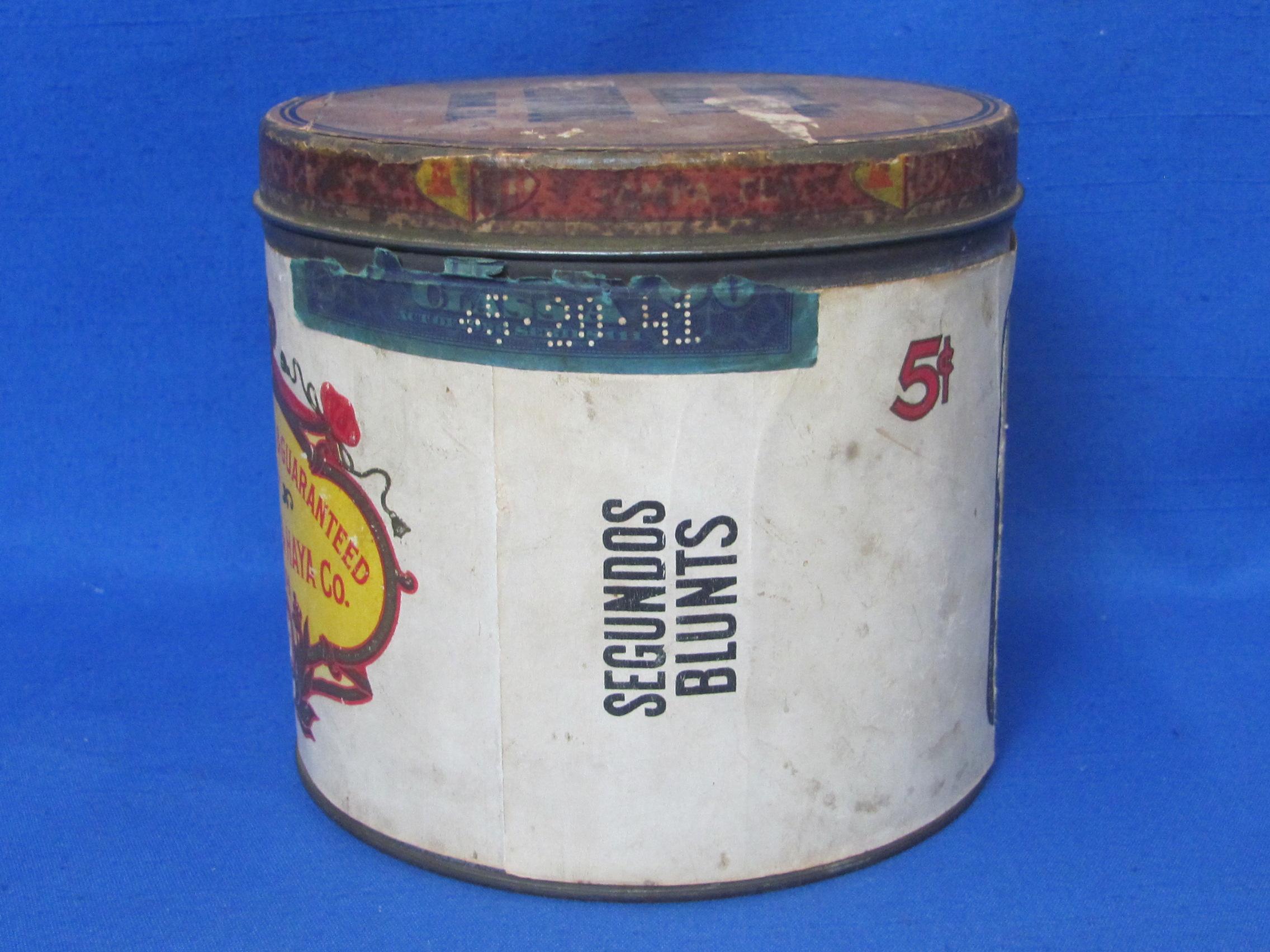 Round Cigar Tin with Paper Label “Sanchez & Haya Co. Tampa, Fla.”  4 3/4” tall – 5 1/4” in diameter