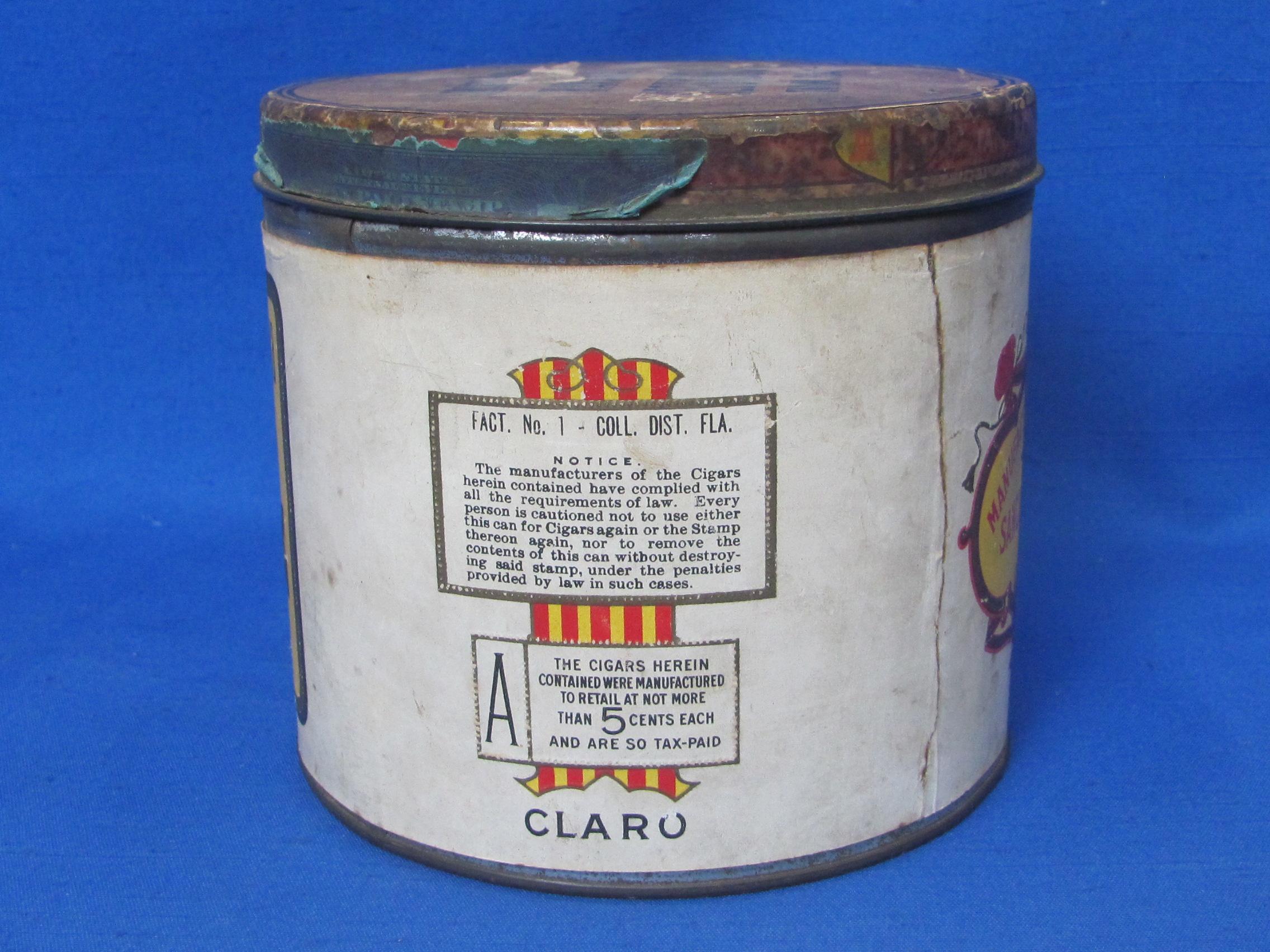 Round Cigar Tin with Paper Label “Sanchez & Haya Co. Tampa, Fla.”  4 3/4” tall – 5 1/4” in diameter