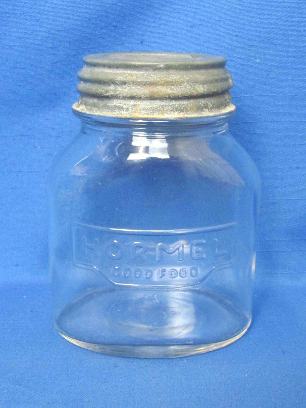 “Hormel Good Food” Glass Jar by Hazel-Atlas – Ball Zinc Lid – 5” tall