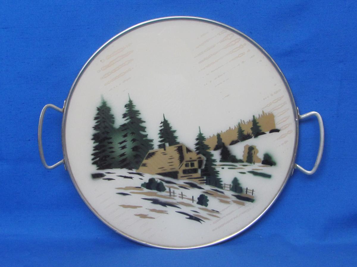Handled Metal Tray with Reverse Painted Glass – Made in West Germany – Cabin in the Mountains