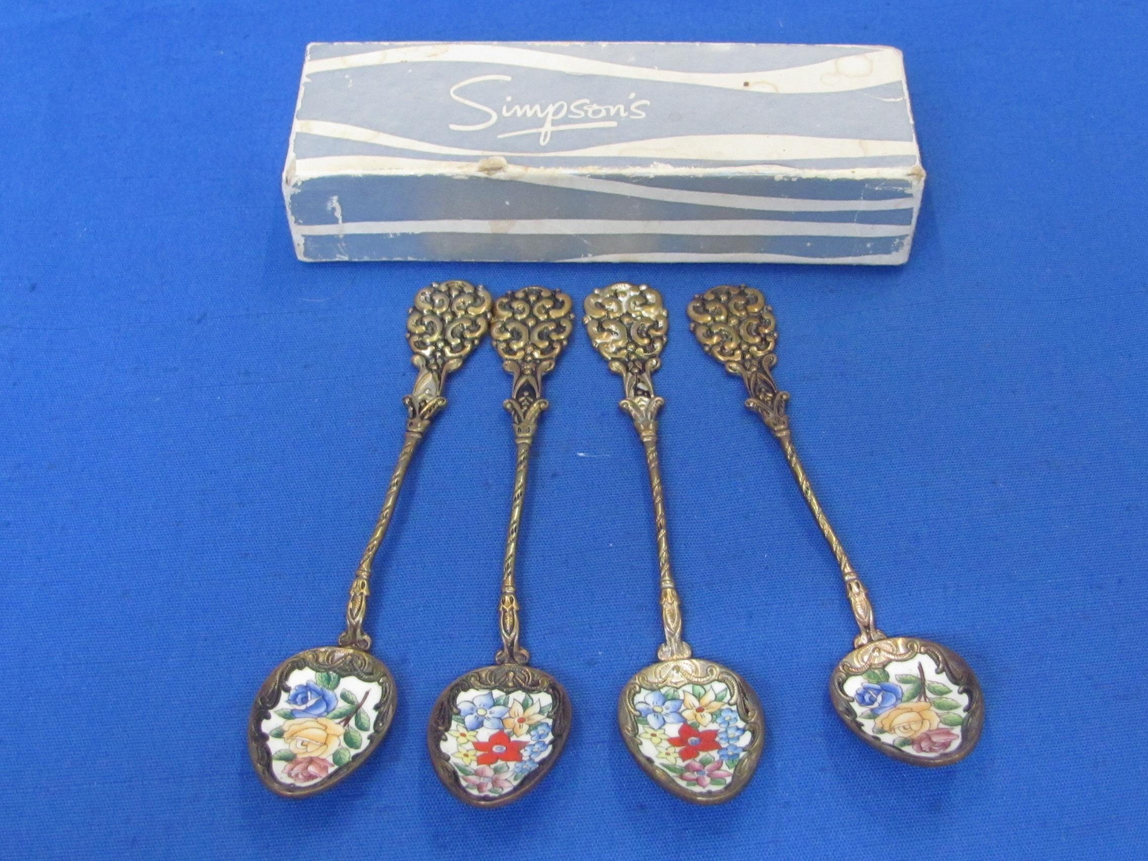 Set of 4 Decorative Spoons with Enamel Floral Bowls – 4 7/8” long – In box marked “Simpson's”