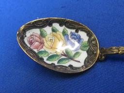 Set of 4 Decorative Spoons with Enamel Floral Bowls – 4 7/8” long – In box marked “Simpson's”