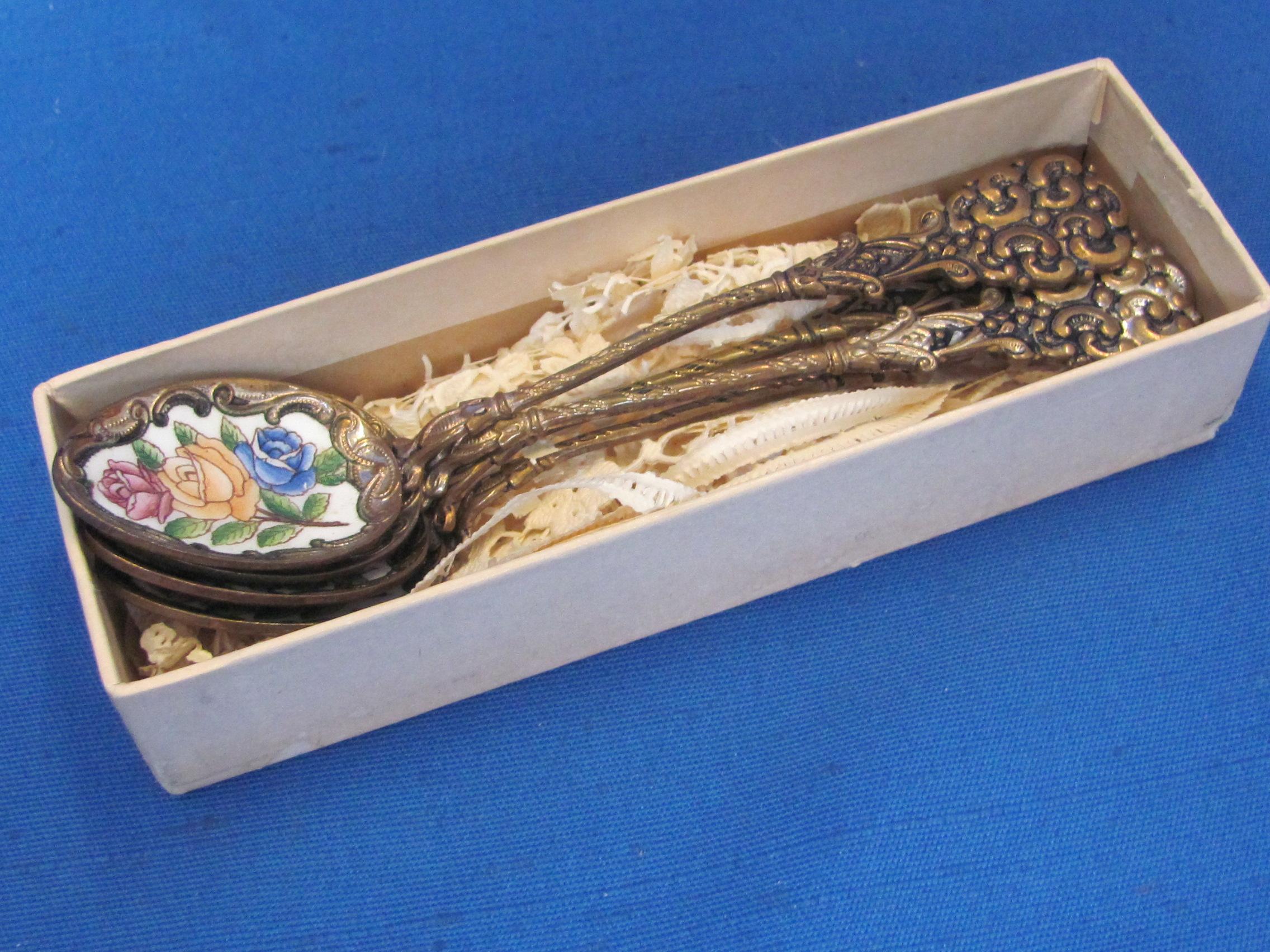 Set of 4 Decorative Spoons with Enamel Floral Bowls – 4 7/8” long – In box marked “Simpson's”
