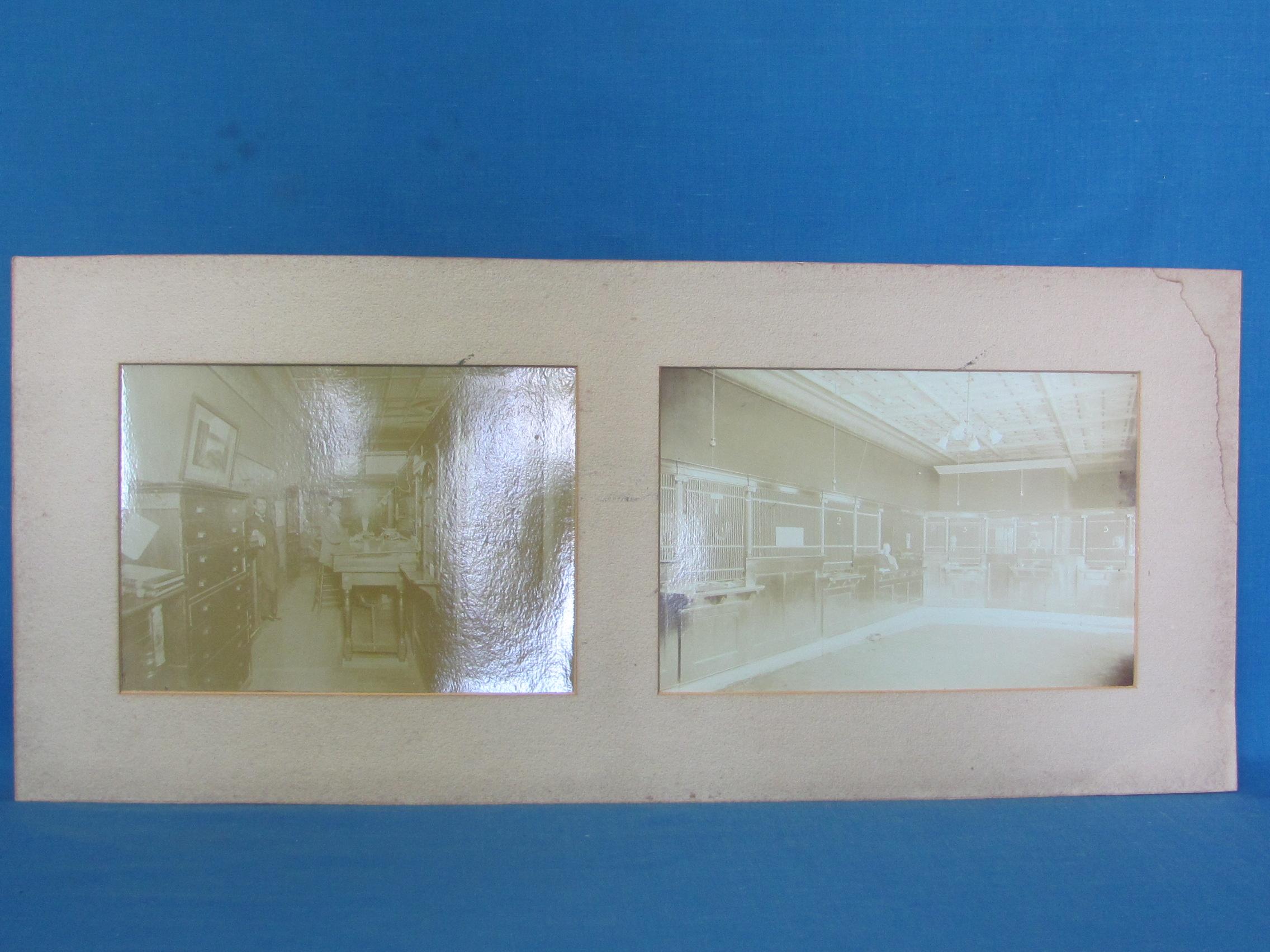 Matted Sepia Photographs – Interior of a Bank with Tellers in Cages – Mat is 22 3/4” long