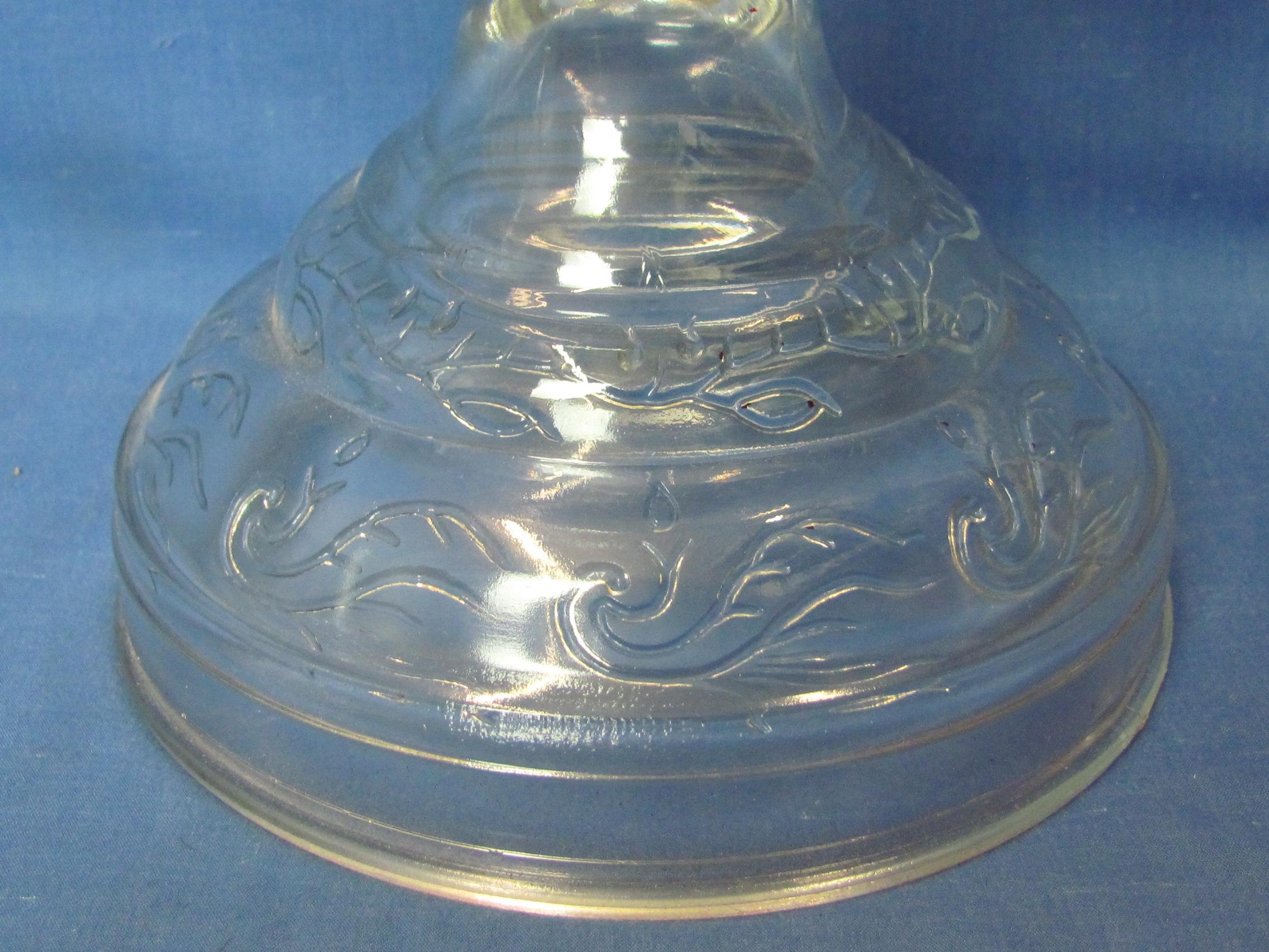 Clear Glass Oil Lamp with Eagle Burner – Leaf & Vine Design in Base – 18 1/4” tall w Chimney