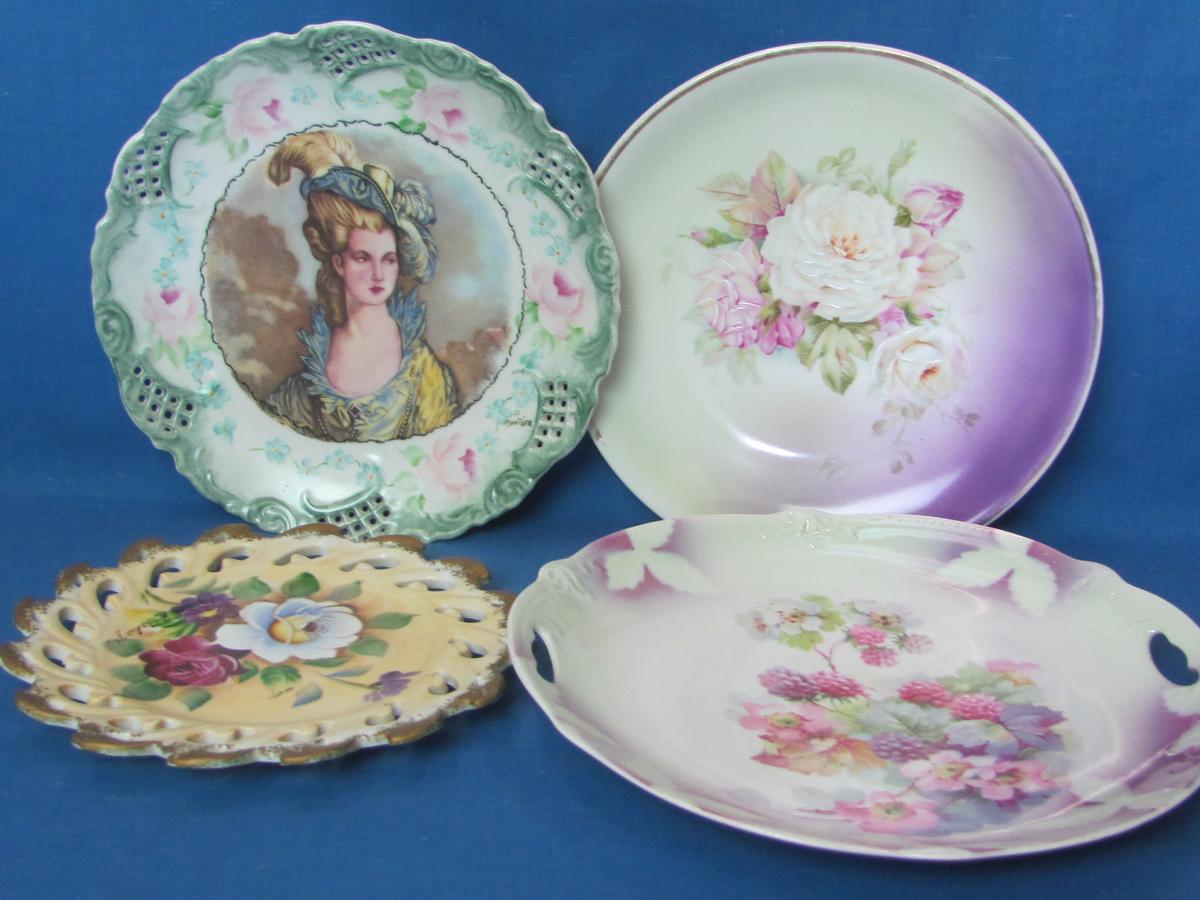 Lot of 4 Decorative Porcelain/Ceramic Plates – Floral Designs – 1 w Transfer of Woman