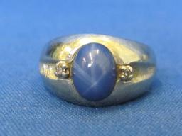 14 Kt White Gold Ring w Star Sapphire & 2 Diamond Accents – Size 9.25/9.5 – Weight is 8.7 grams