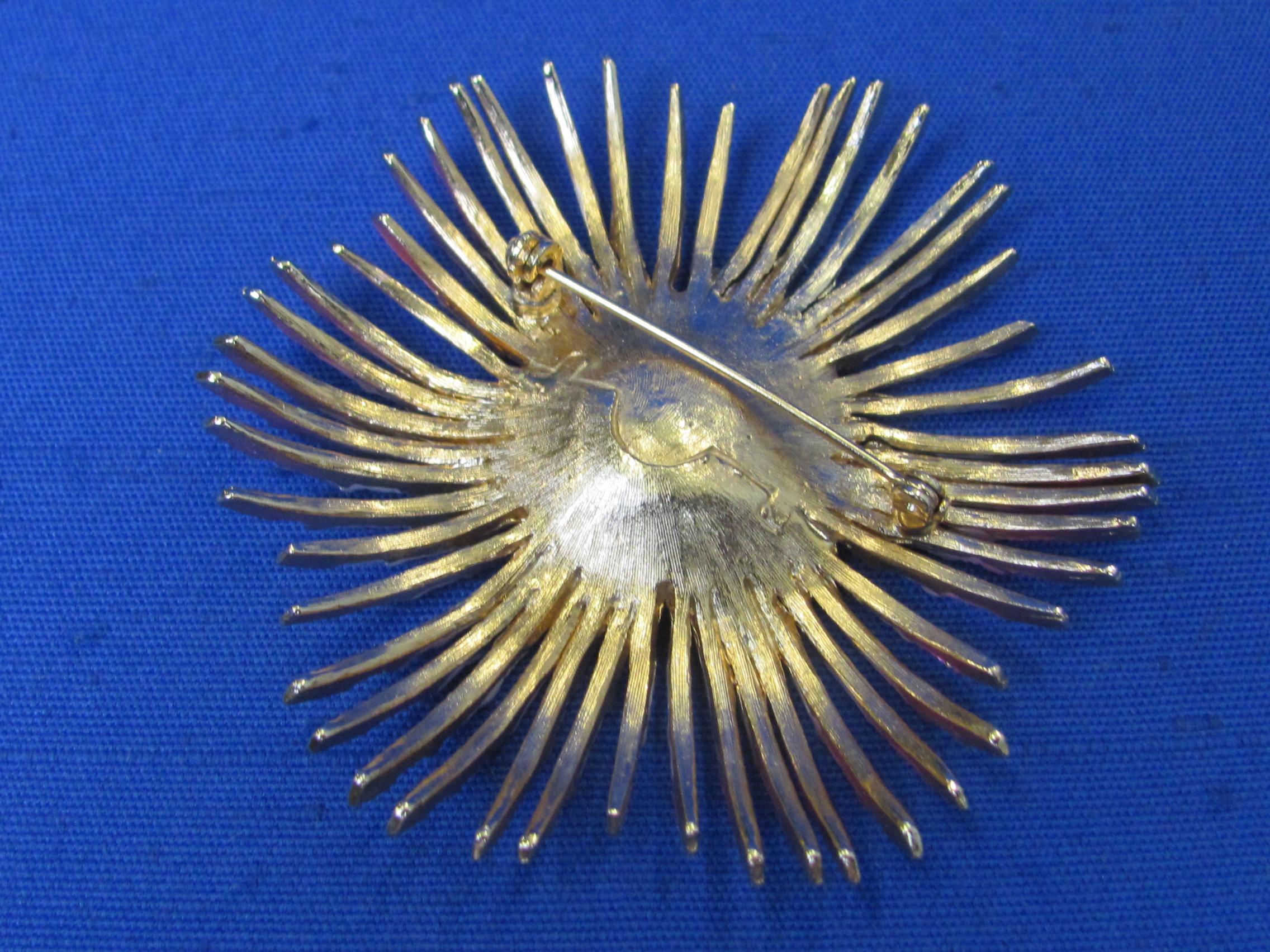 Large Sunburst Pin/Brooch in Gold, White & Pink – Unsigned – 3” in diameter