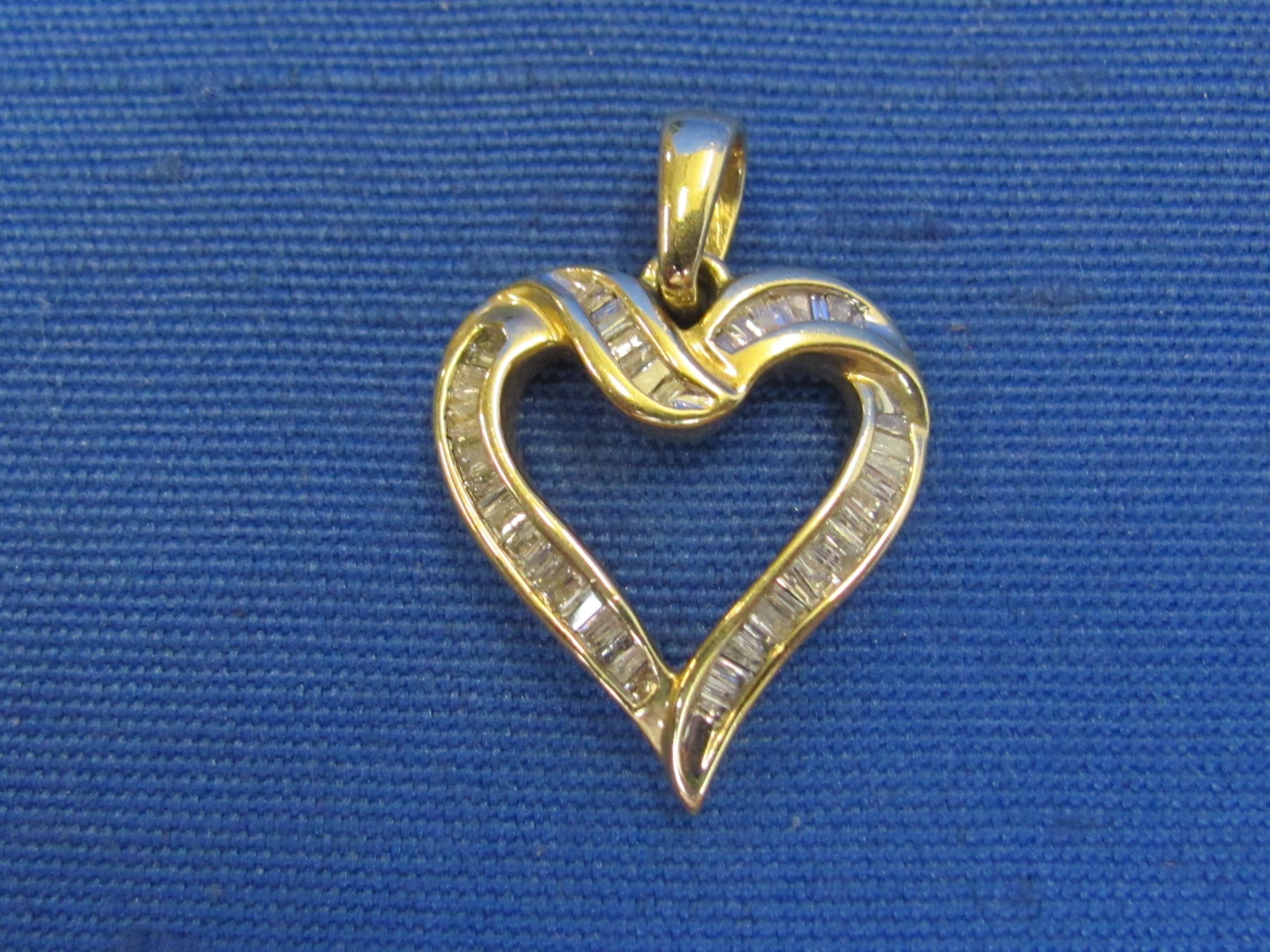 10 Kt Gold Heart Pendant with Channel Set Baguettes – 1 1/8” long – Weight is 3.3 grams