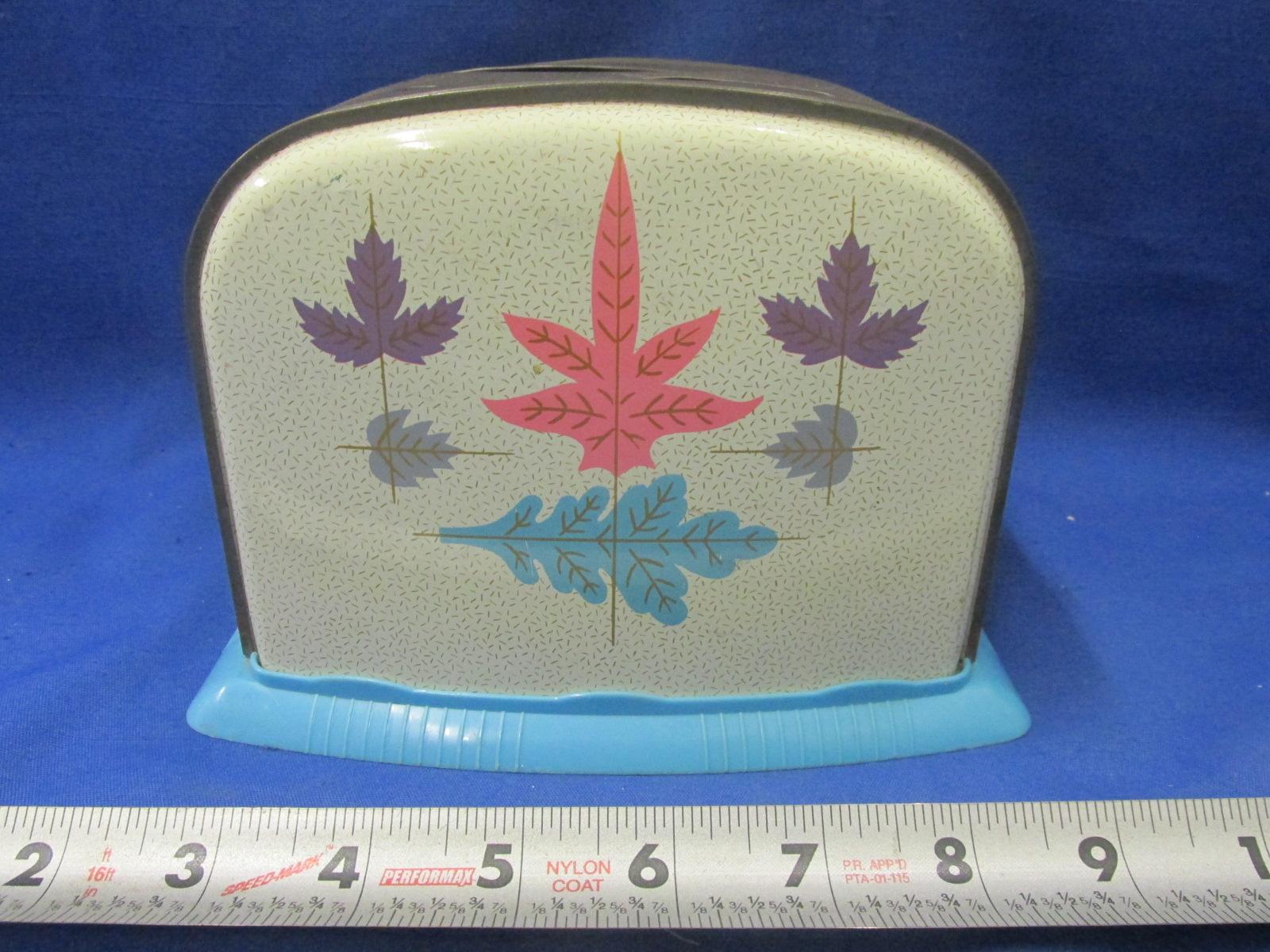 Vintage Tin Toaster Toy - Works - Retro Leaf graphics on sides - Plastic base