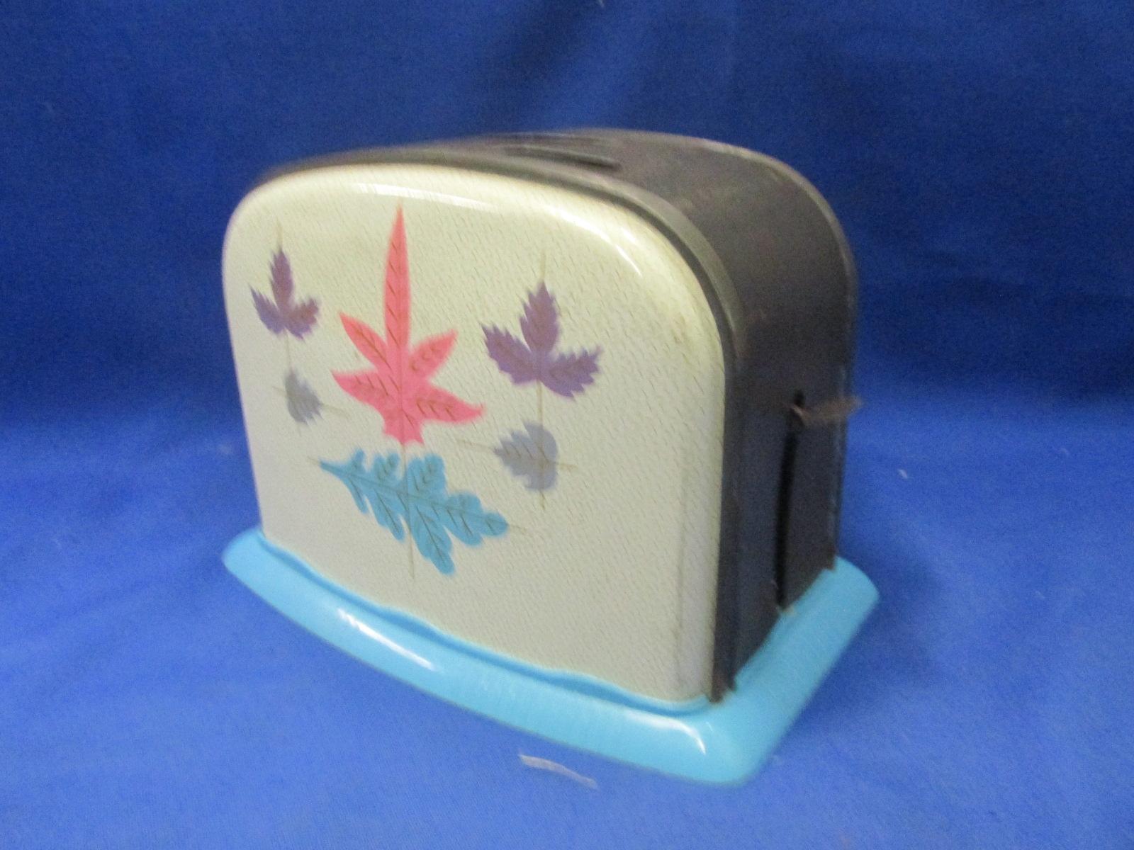 Vintage Tin Toaster Toy - Works - Retro Leaf graphics on sides - Plastic base