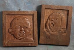 2 Primitive Wooden Wall Plaques Hand Carved Babies 7 1/2" X 7 1/2" & 8 1/4" x