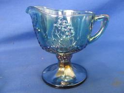 Indiana Blue Iridescent Carnival Glass Sugar Creamer Tray Set Harvest Grape