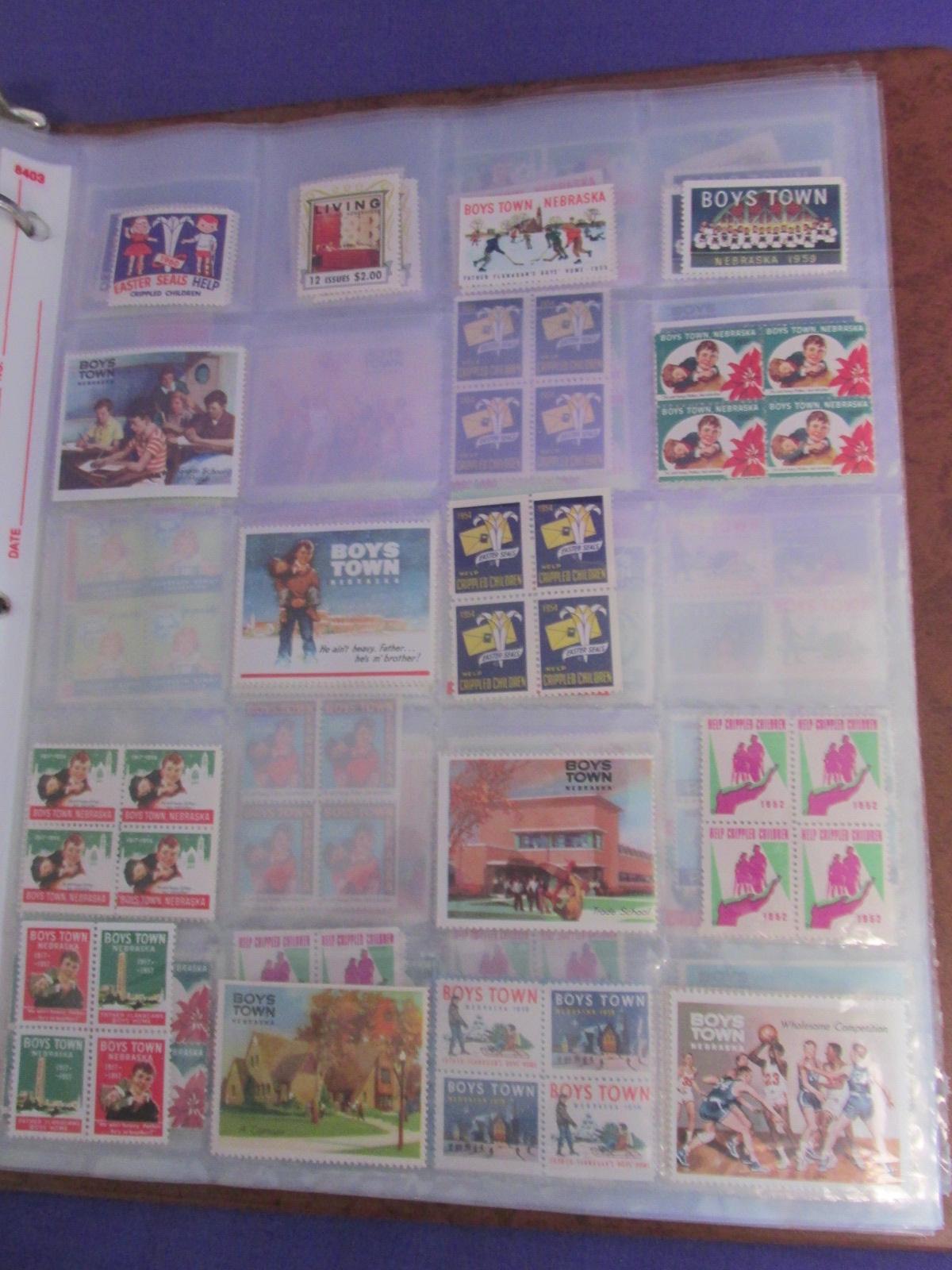 Brown Binder – Has 24 Clear Plastic Pgs. full of Vtg. Easter-Seals & Boy's Town “stamps”