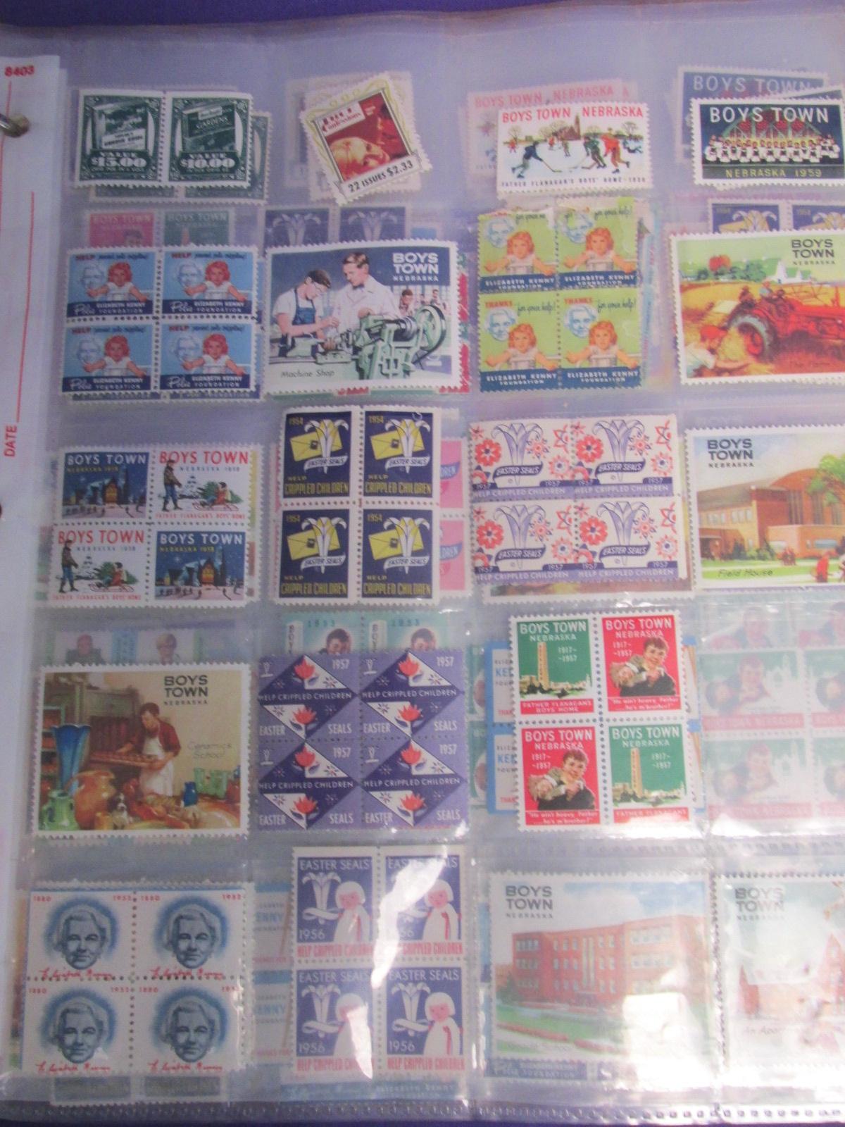 Brown Binder – Has 24 Clear Plastic Pgs. full of Vtg. Easter-Seals & Boy's Town “stamps”