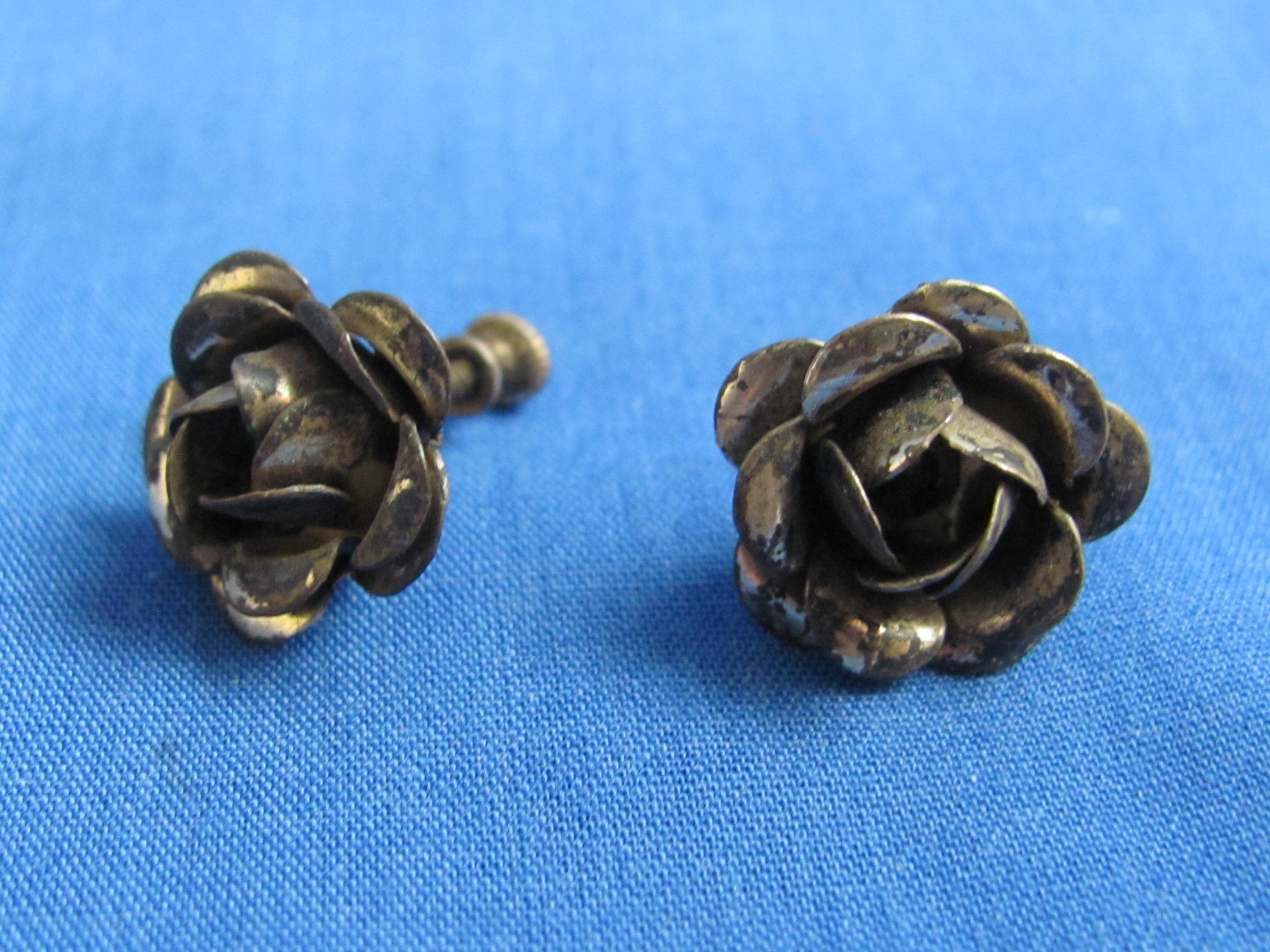 3 Pairs of Vintage Sterling Silver Screw-on Earrings” Crowns, Roses & Flower – 26.6 grams