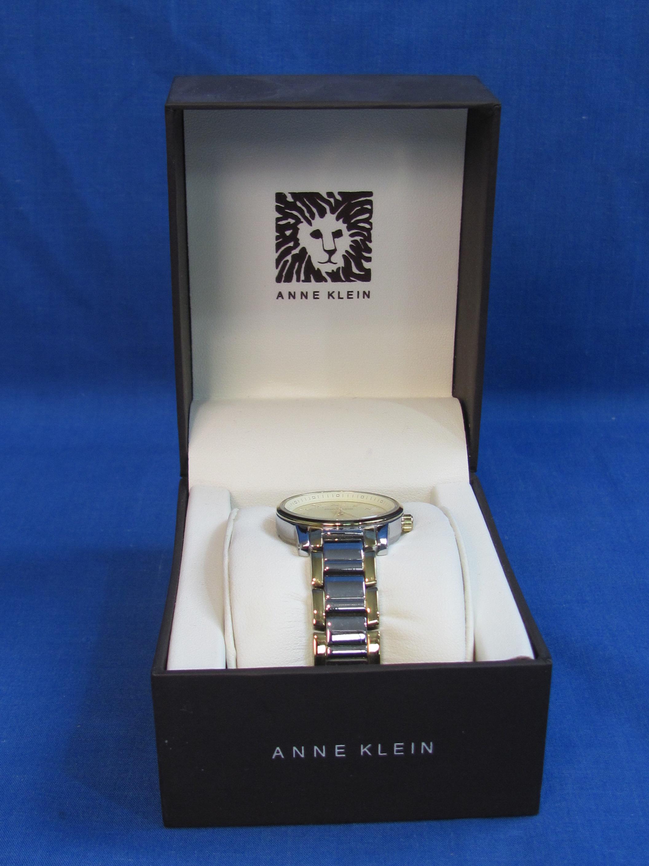 Ann Klein Wristwatch – 2-Tone Clasp Band – Gold/White Face – Not Running – In Case