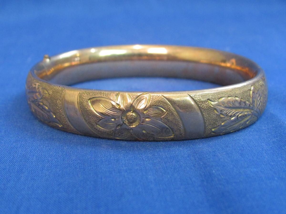 Antique Gold Plate Hinged Bracelet – Engraved Design – Marked but hard to make out