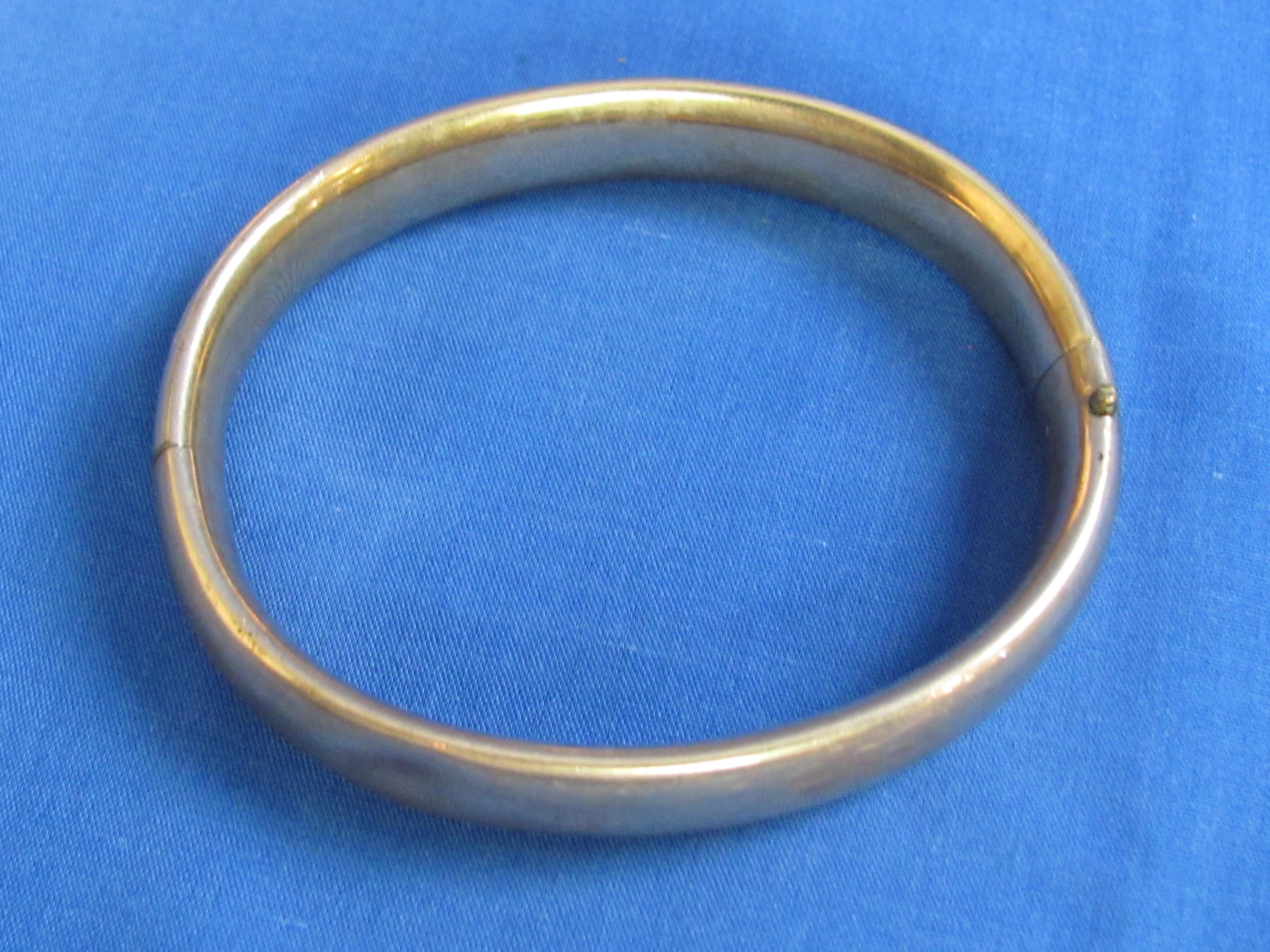 Antique Gold Plate Hinged Bracelet – Engraved Design – Marked but hard to make out