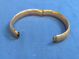 Antique Gold Plate Hinged Bracelet – Engraved Design – Marked but hard to make out