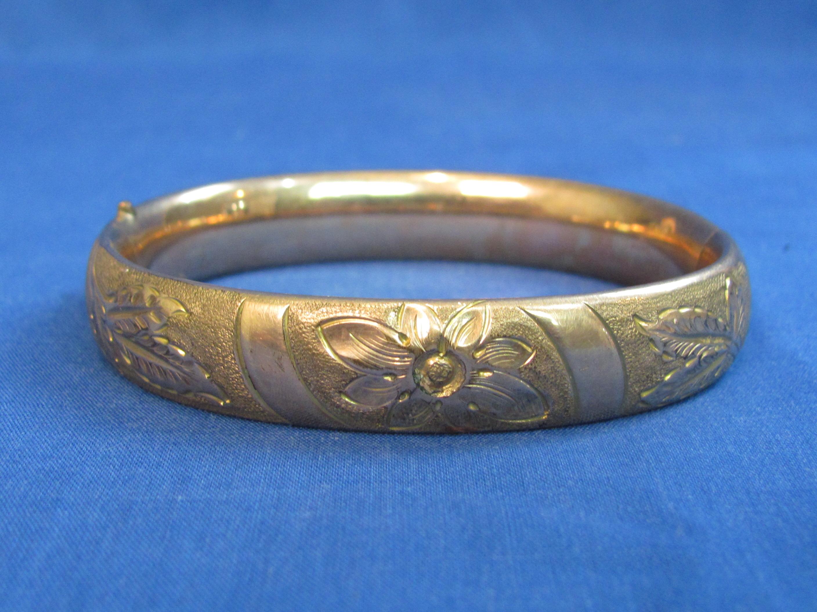 Antique Gold Plate Hinged Bracelet – Engraved Design – Marked but hard to make out