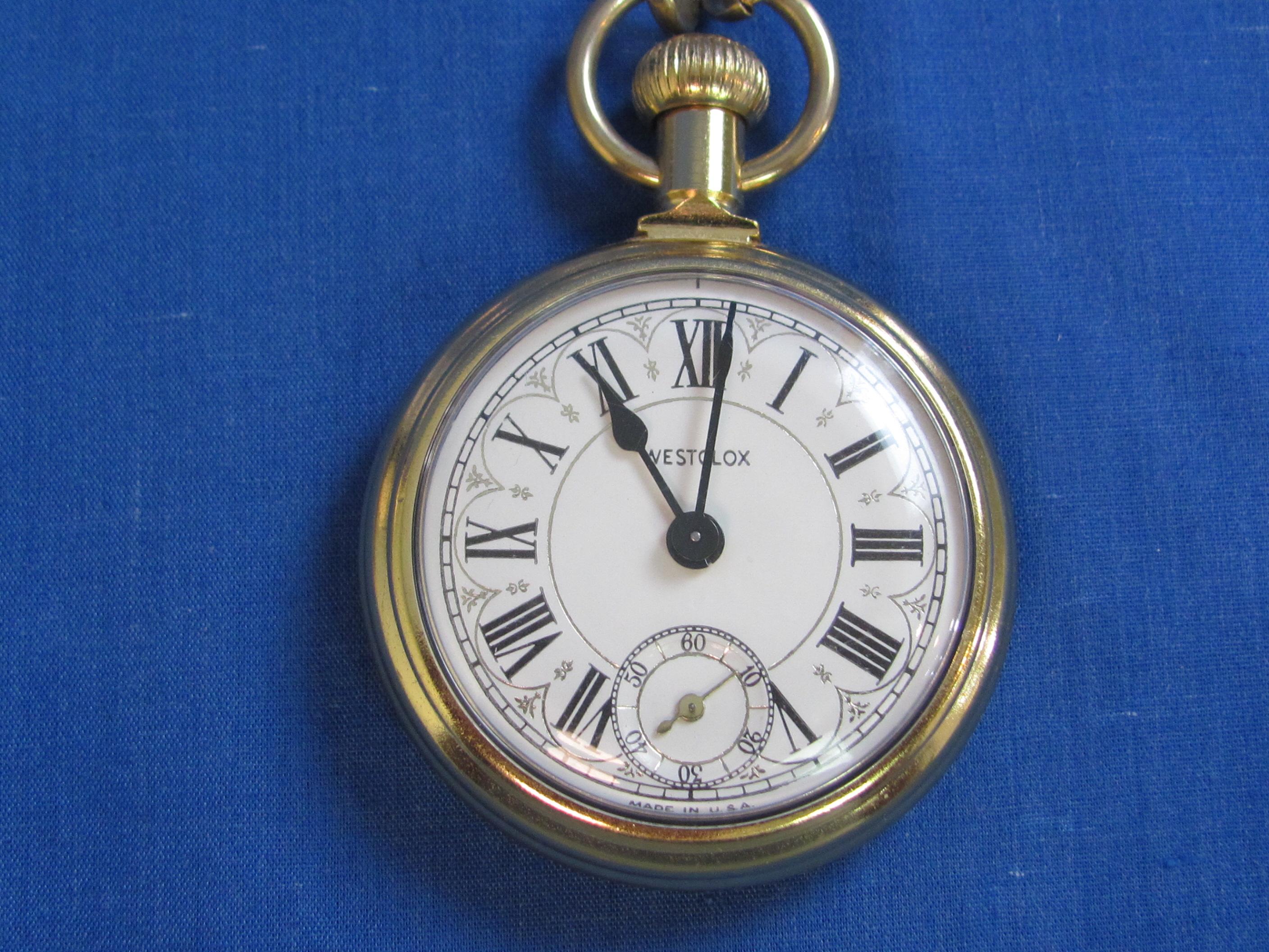 Westclox Open Face Pocket Watch – Locomotive on Back – Dome Display Case – Works