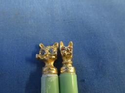 1960's Vintage  Miniature Pen Set –  Green Plastic w/ Gold tone Dog & Cat – jewel eyes