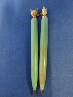 1960's Vintage  Miniature Pen Set –  Green Plastic w/ Gold tone Dog & Cat – jewel eyes