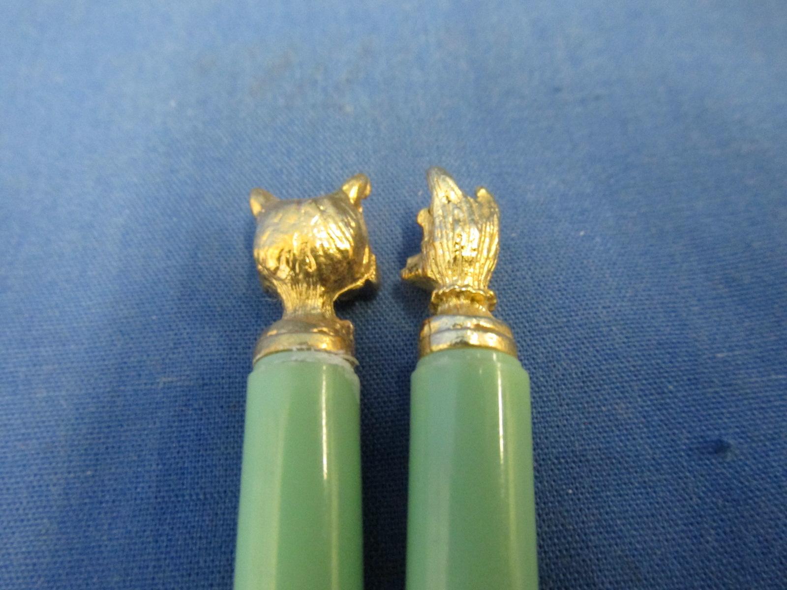 1960's Vintage  Miniature Pen Set –  Green Plastic w/ Gold tone Dog & Cat – jewel eyes