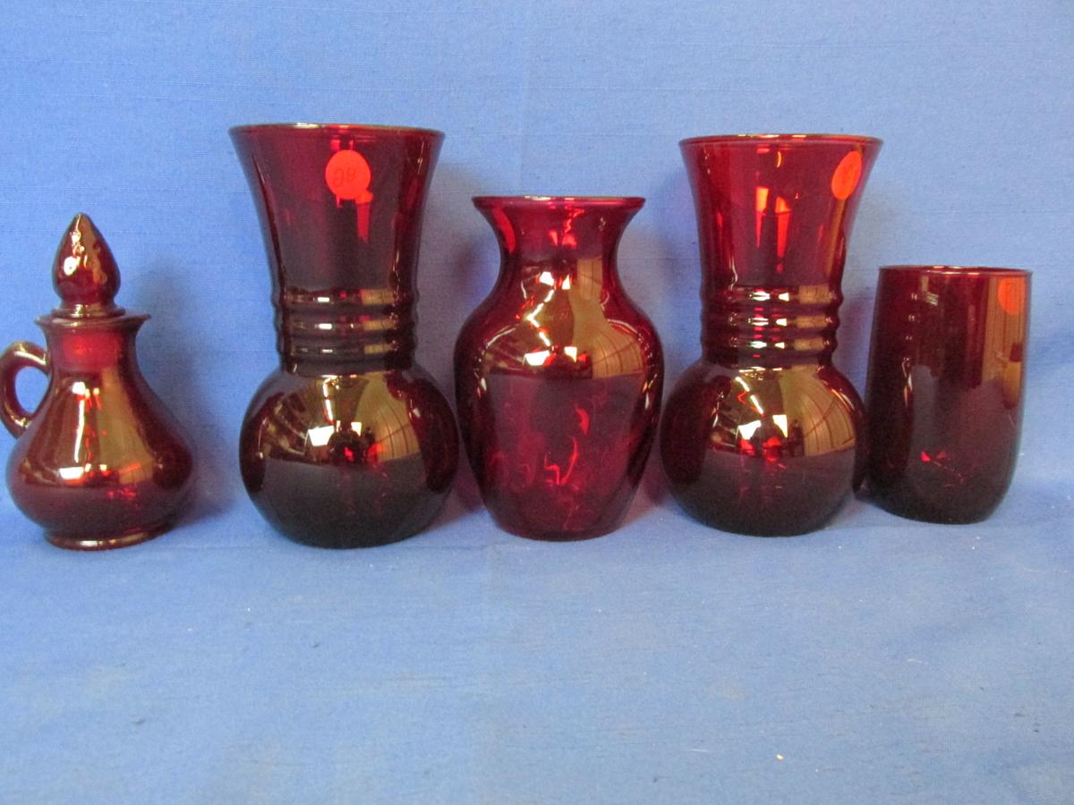 Ruby Glass Lot: 3 Vases, a Tumbler & Avon Strawberry Decanter #12