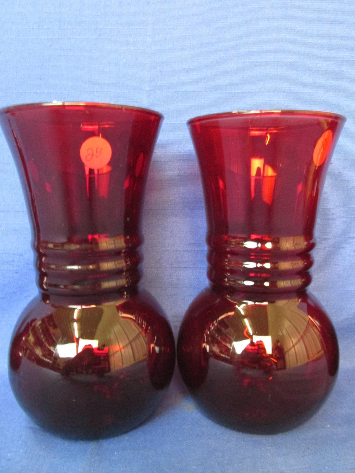 Ruby Glass Lot: 3 Vases, a Tumbler & Avon Strawberry Decanter #12