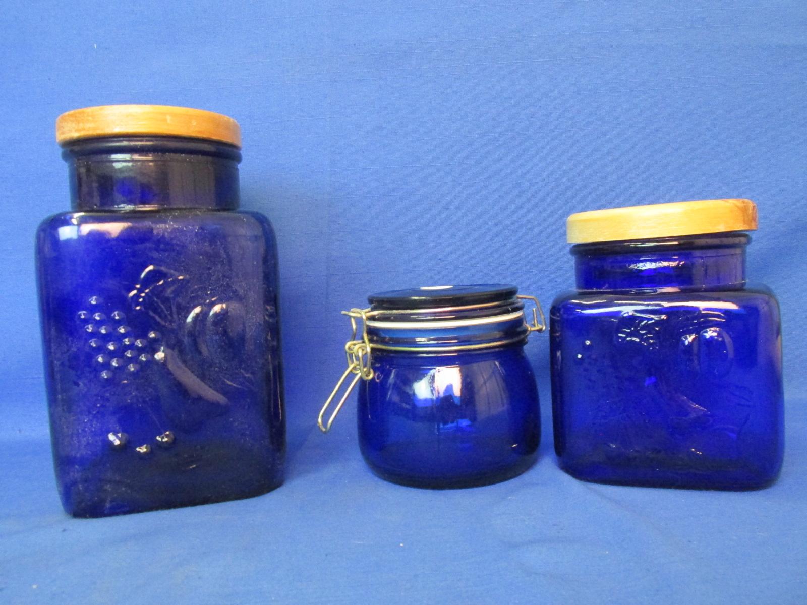 Trio of Cobalt Blue Glass Canisters: Round Bale Jar w/ Glass Lid & 2 Square Jars