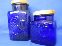 Trio of Cobalt Blue Glass Canisters: Round Bale Jar w/ Glass Lid & 2 Square Jars