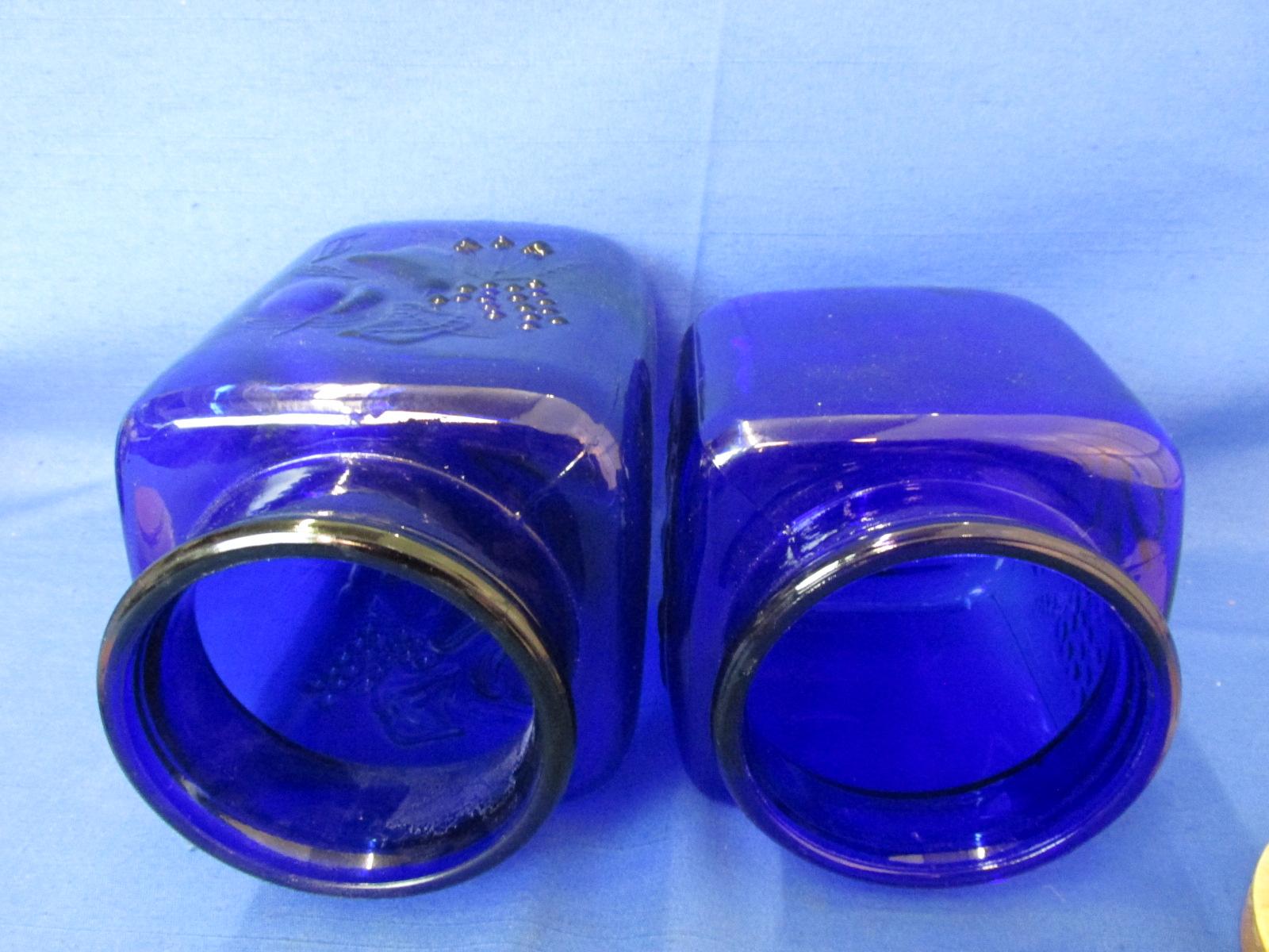 Trio of Cobalt Blue Glass Canisters: Round Bale Jar w/ Glass Lid & 2 Square Jars