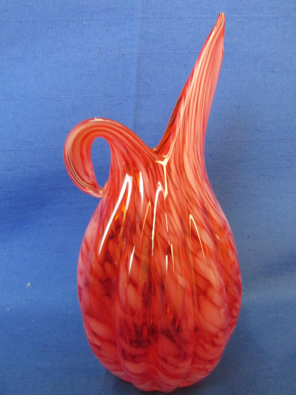 Lefton Orange & White Swirl Glass Pitcher Vase – Stands 7 1/4” T