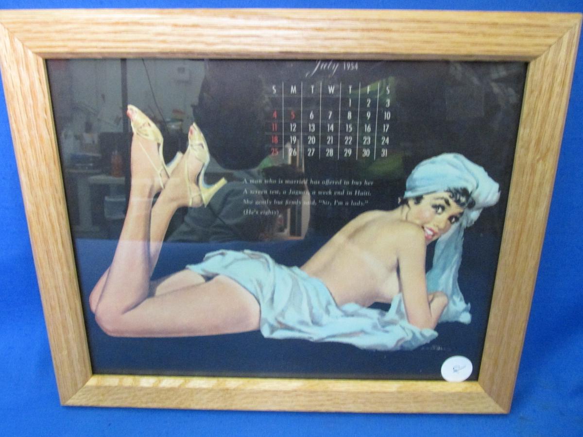 Framed Vintage Pin-Up  Calendar Page: July  1954 11 1/4” X 9 1/4”