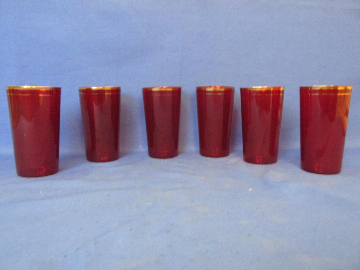 Gilt Edge Ruby Glass Tumblers Set of 6 – Each is 4 3/4” T x 2 3/4” w at top